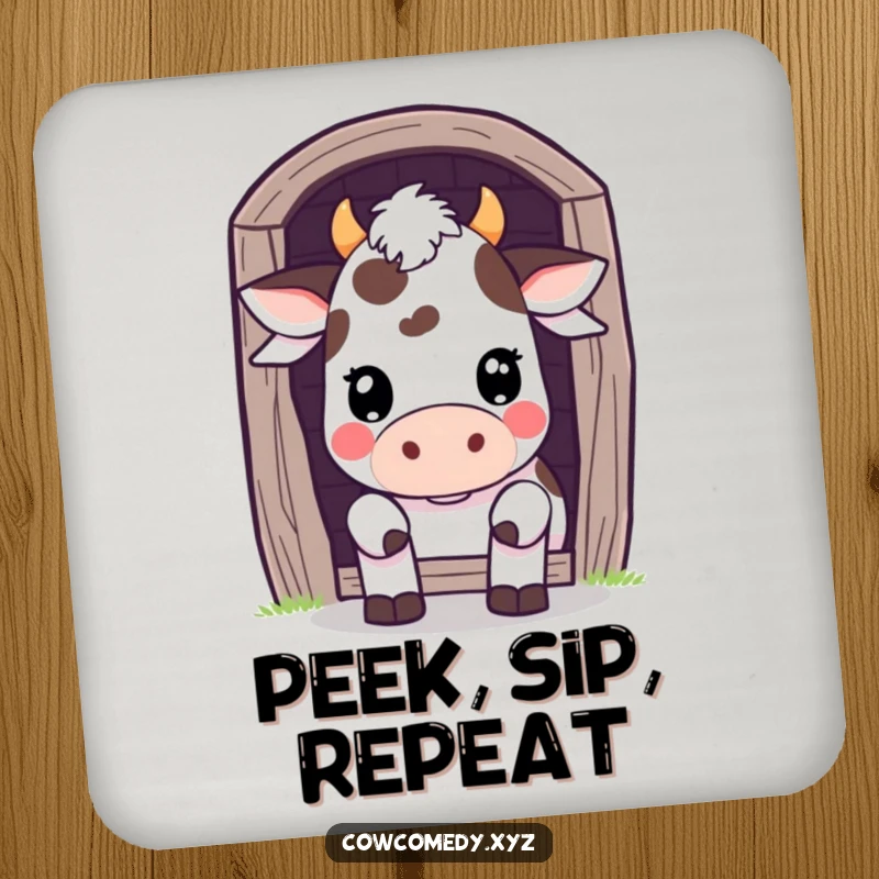 Funny Coaster: A Kawaii cow peeks playfully from behind a barn door, adding cute curiosity to drink protection.