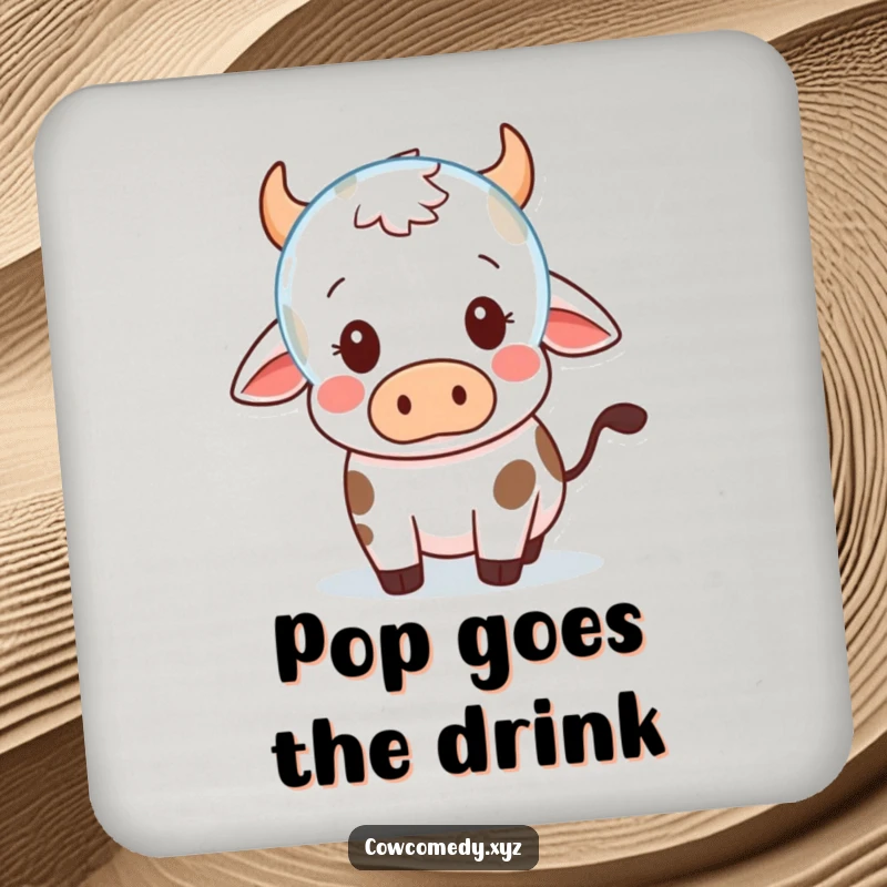 Funny Coaster: A Kawaii cow looks surprised by a floating bubble, adding cute astonishment to drink protection.