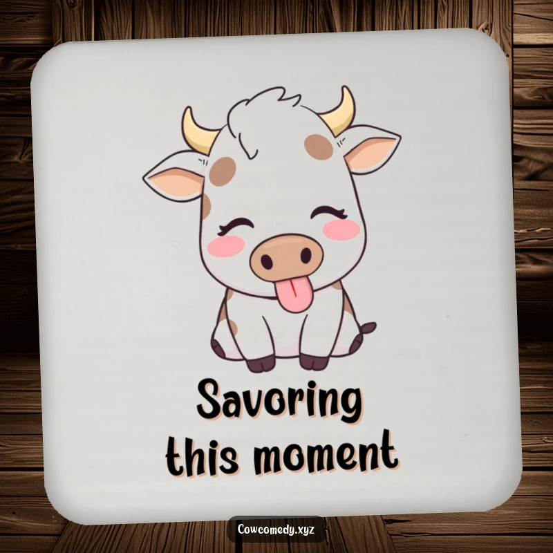 Funny drink coaster featuring a content cow with eyes closed, happily chewing, adding a peaceful charm.