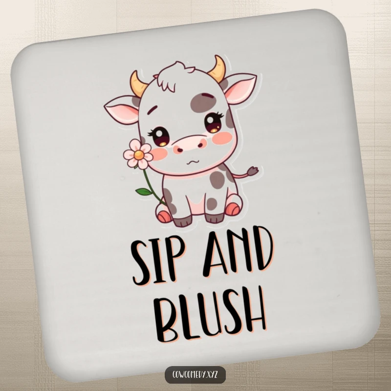 Funny Kawaii cow blushing with a flower drink coaster, adding sweet humor to any surface.
