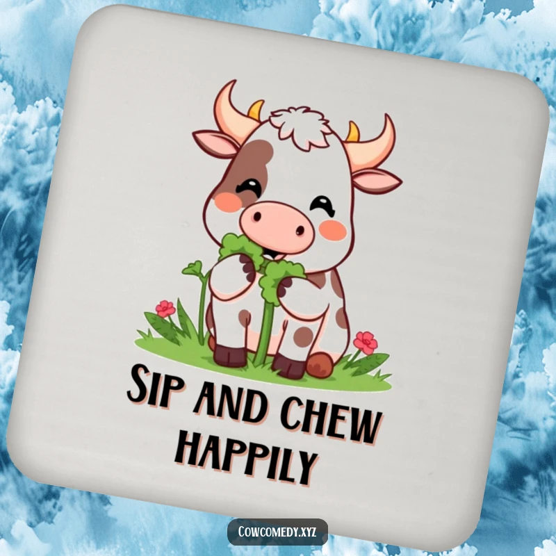 Funny Coaster: A Kawaii cow happily munches on a giant clover, adding good luck to drink protection.