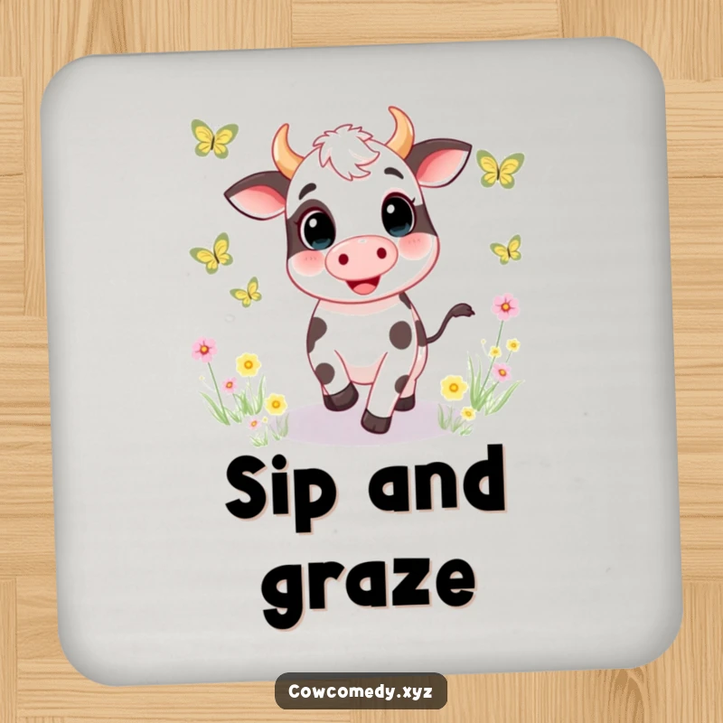Funny drink coaster depicting a gleeful cow character joyfully chasing butterflies in a vibrant meadow, protecting surfaces with whimsical charm.