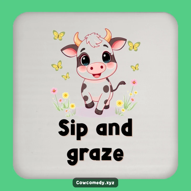 Funny Cow Chasing Butterflies Drink Coaster. Whimsical Meadow Protection. Unique Funny Gift Set!