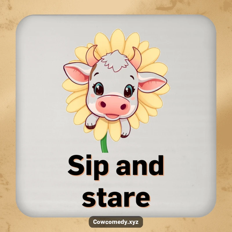 Funny kawaii cow daisy coaster, featuring a curious cow peeking from behind a flower, protecting surfaces with charm.