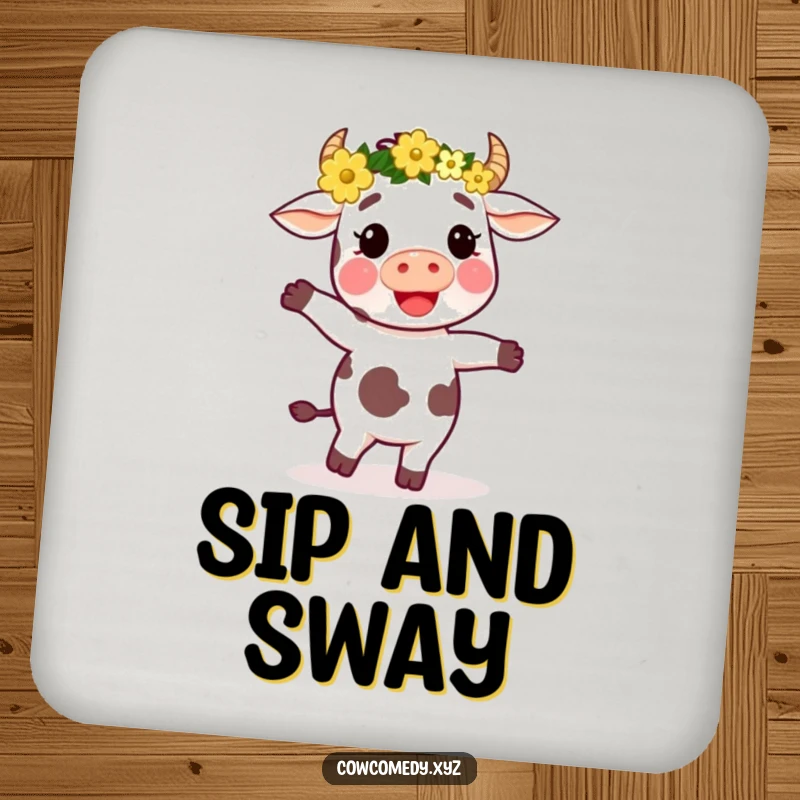 Funny drink coaster displaying a cow wearing a flower crown, dancing with joy, adding a bohemian touch to any surface.