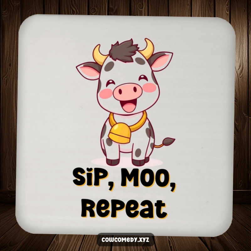 Funny Kawaii Cow Drink Coaster, a cute cow with a cowbell ringing, perfect for protecting tables with humor.