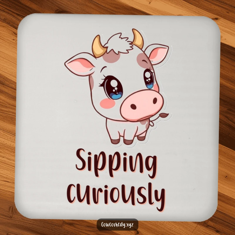 Funny Kawaii Cow Coaster: Decorative coaster with a cow tilting its head, big sparkly eyes adding a humorous touch.