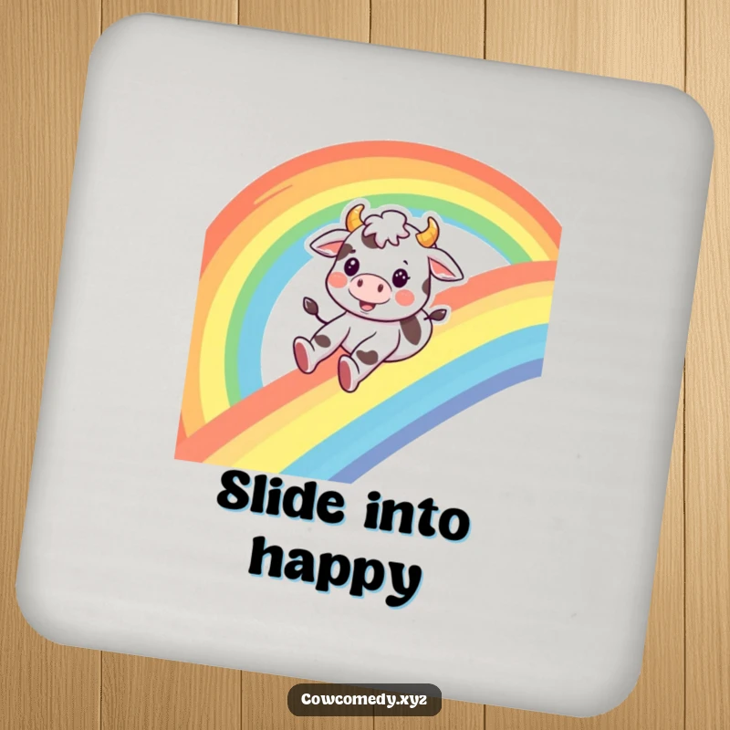Funny cow drink coasters, a happy cow sliding down a rainbow with a smile, offering colorful and humorous protection.