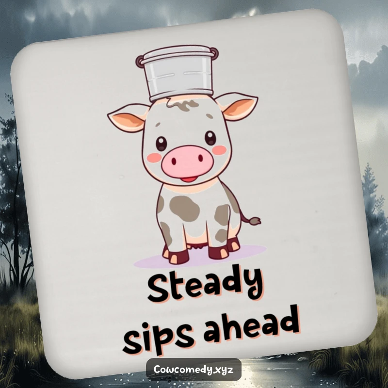 Funny Kawaii cow balancing a milk pail on its head, on a protective drink coaster, farm style.