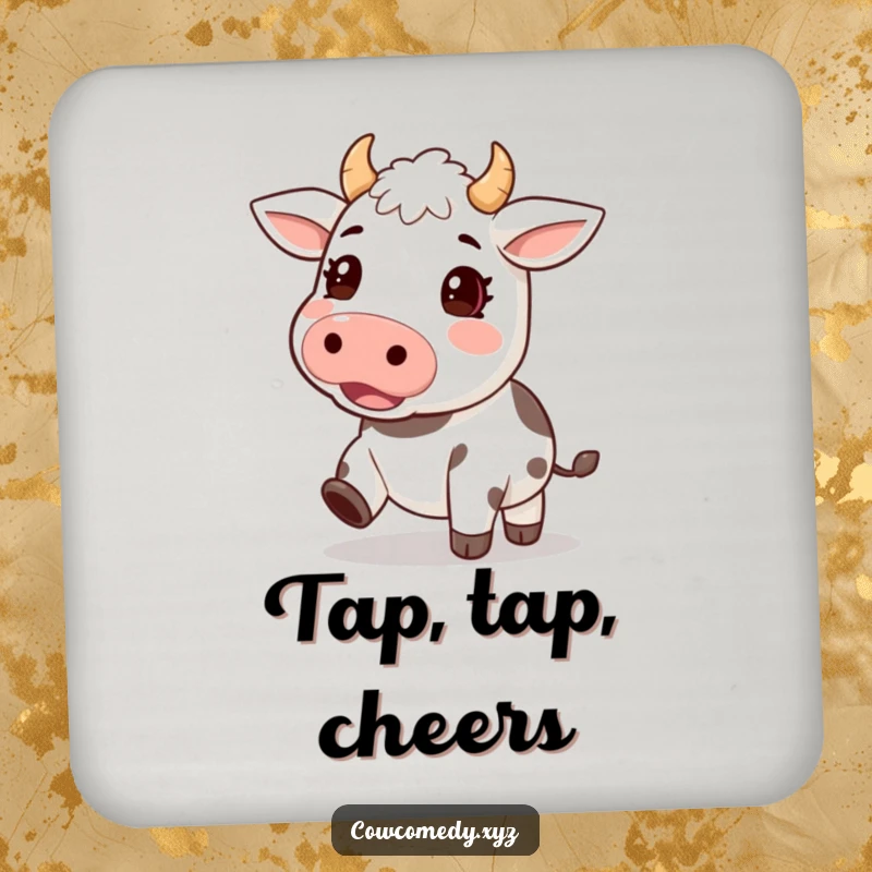 Funny drink coaster featuring a kawaii cow character with hooves tapping an excited rhythm, adding playful energy and surface protection.