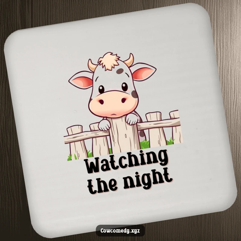 Funny drink coaster displaying a cow curiously peeking over a fence post, adding a playful touch to any table.