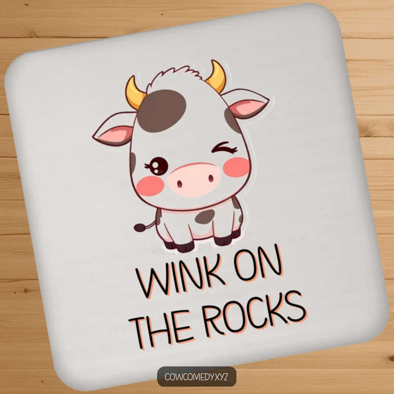 Funny drink coaster featuring a blushing kawaii cow character giving a shy wink, adding adorable charm and surface protection.