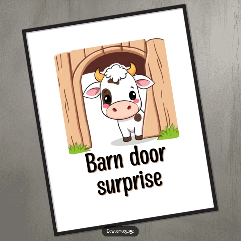 Funny Kawaii Cow Poster featuring a cute cartoon cow peeking playfully from behind a barn door, perfect wall art.