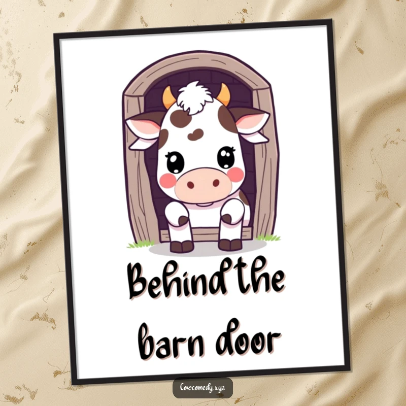 Funny Poster: A Kawaii cow peeks playfully from behind a barn door, adding whimsical curiosity to your decor.
