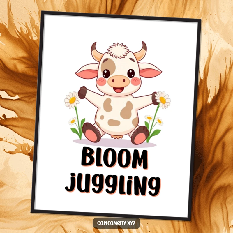 Funny Kawaii Cow Poster: Whimsical art of a cow juggling oversized daisies, perfect wall decor for a humorous touch.