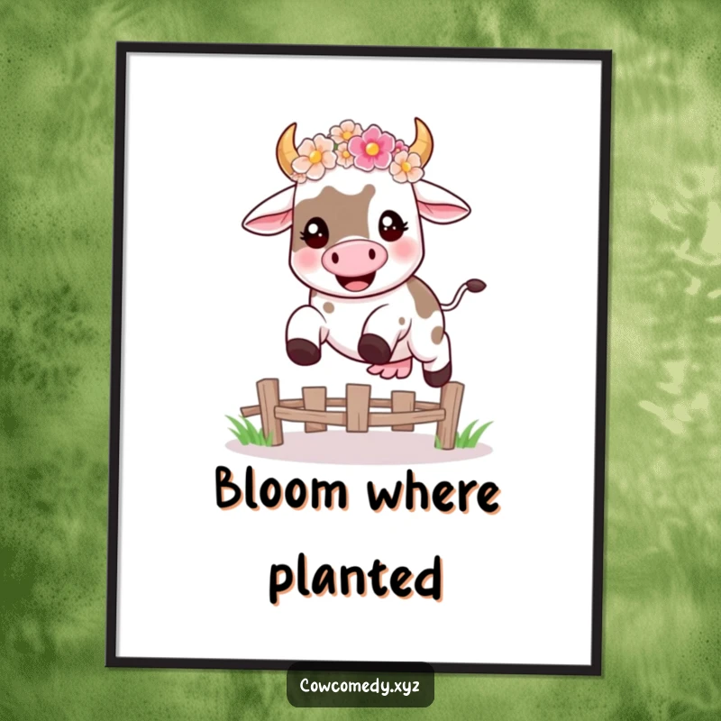 Funny poster art of a happy kawaii cow wearing a flower crown, mid-leap over a fence, bringing humorous joy to walls.