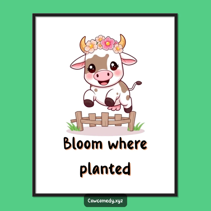 Funny Kawaii Cow Leap Poster, Whimsical Wall Art Hilarious Happy Gift