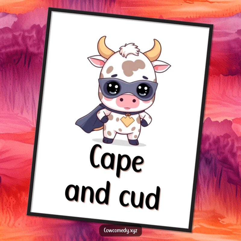 Funny kawaii cow superhero poster featuring a cute bovine character in a dynamic superhero pose, ready to fight for justice with a smile.
