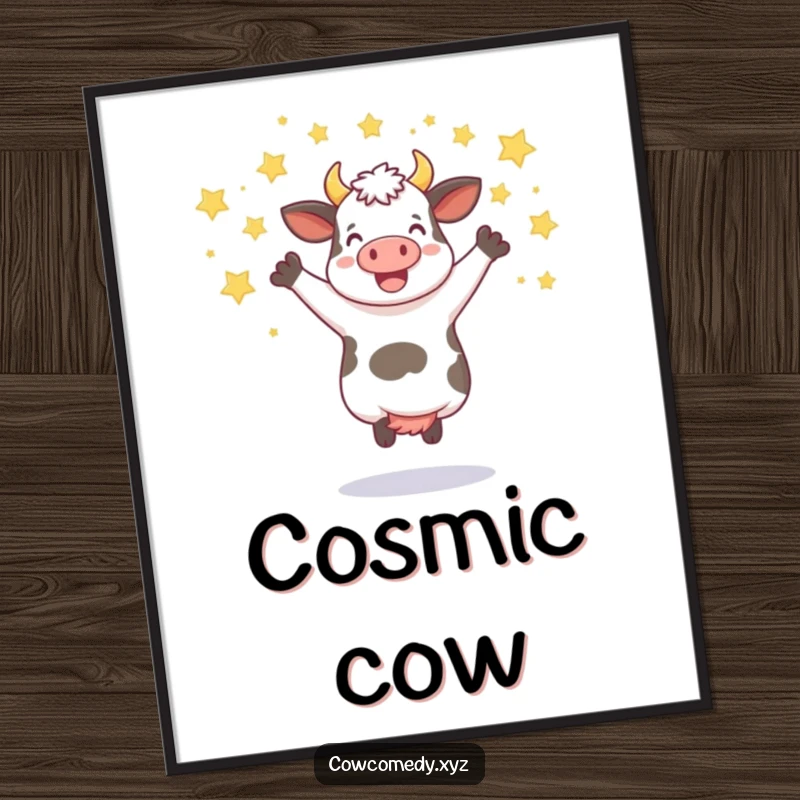 Funny poster of a cow leaping joyfully with a shower of stars, ideal for celebratory wall art.