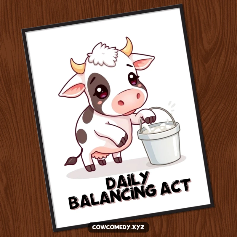Funny poster print of a cow comically struggling to balance a milk bucket, with milk spilling, creating a humorous farm scene.