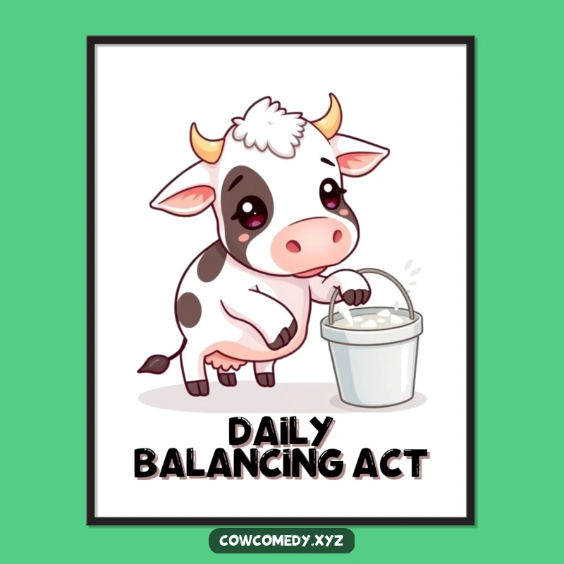 Funny Cow Balancing Milk Bucket Poster: Comical Farm Art Print, Ideal Funny Gift