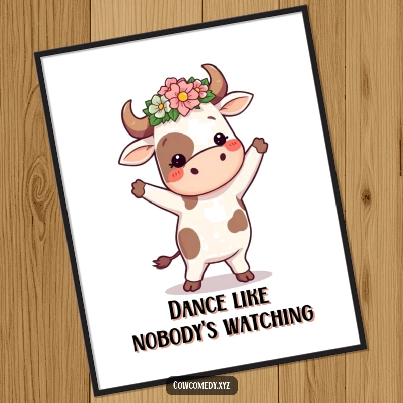 Funny cow wearing a flower crown, doing a silly dance, as a vibrant poster, bringing whimsical joy to walls.