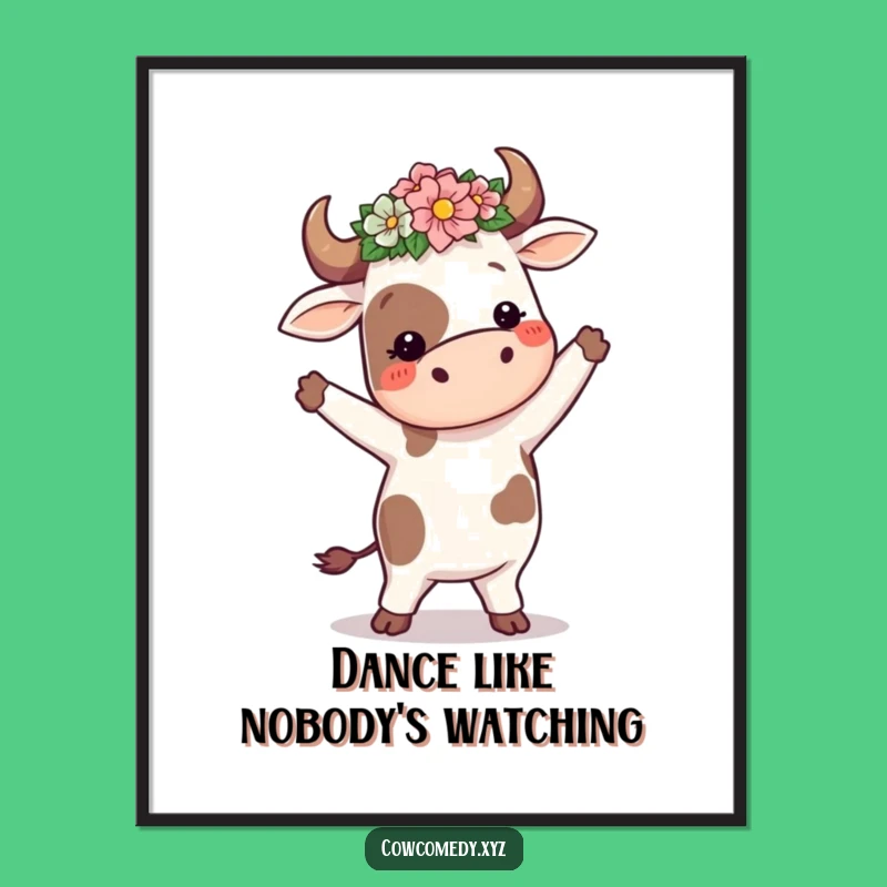 Funny Dancing Cow Flower Crown Poster: Silly Wall Art Gift