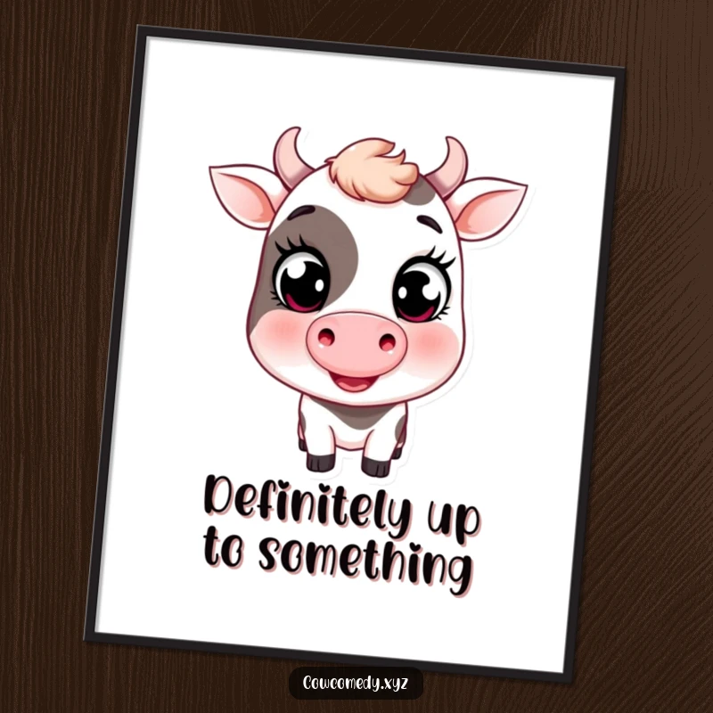Funny poster art of a smiling cow with oversized eyes, giving a charming wink, perfect for adding farm flair.