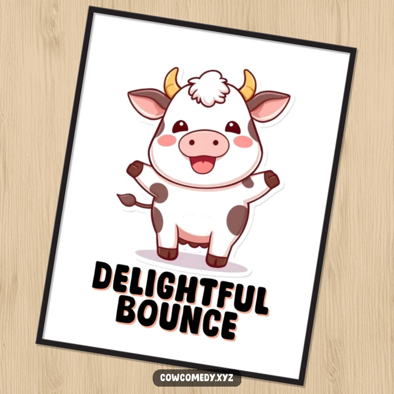 Funny Kawaii Cow Poster: Art print of a plump cow joyfully hopping, radiating happiness and humor on your wall.