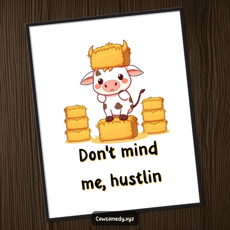 Funny Kawaii Cow Poster, a cow intensely focused on balancing hay bales, humorous wall decor.