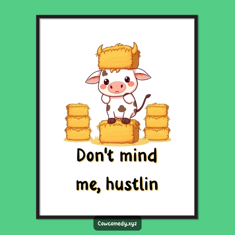 Funny Kawaii Cow Hay Poster: Determined Balancing Wall Art