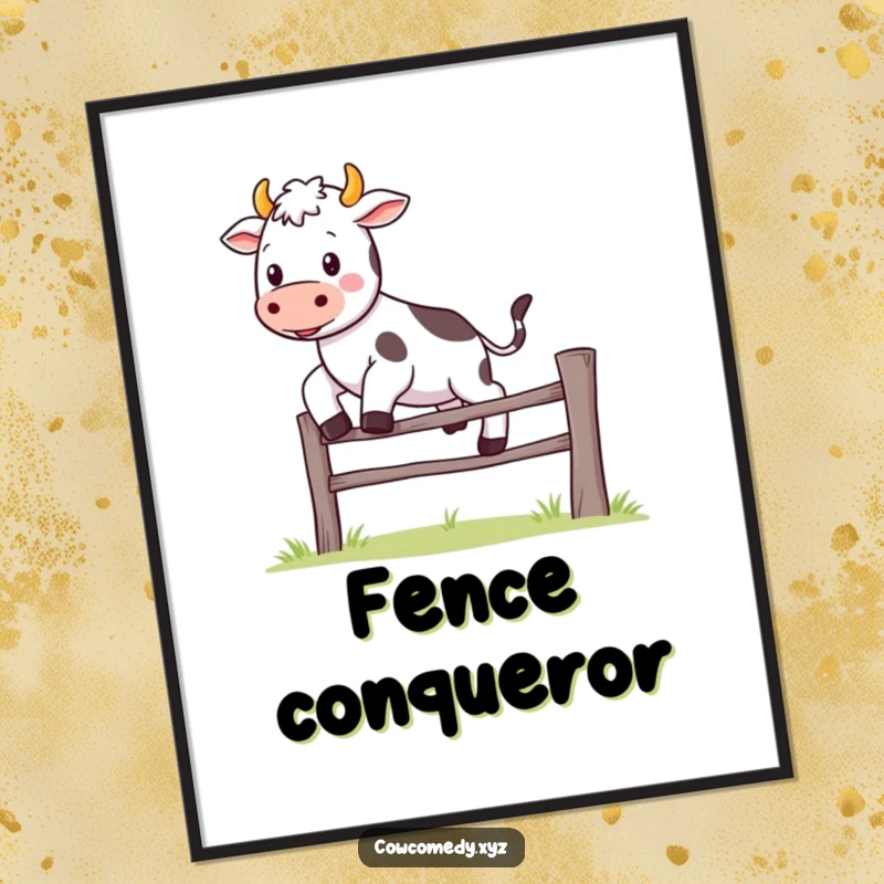Funny Kawaii cow poster print of a cute character happily jumping over a small fence, creating a cheerful and humorous atmosphere.