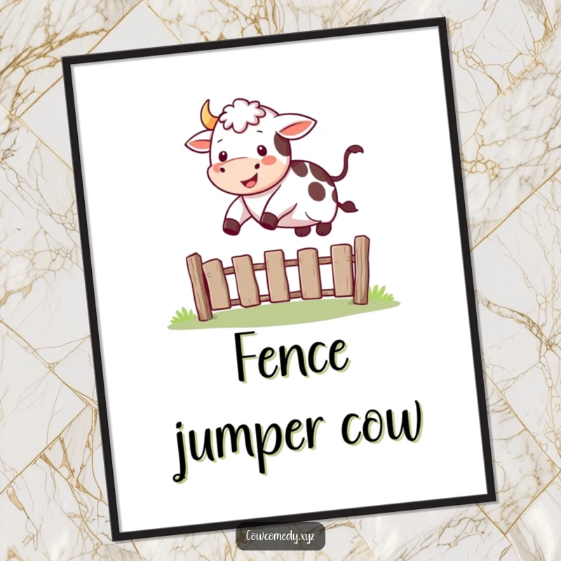 Funny poster art featuring a happy cow in mid-leap, joyfully jumping over a small fence.