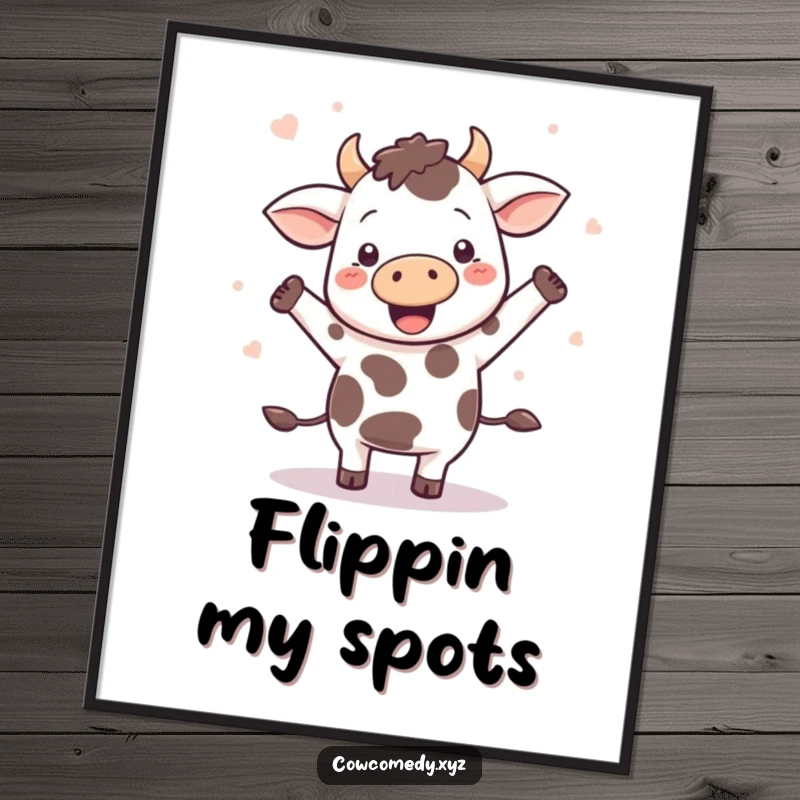 Funny Kawaii cow dancing animatedly, with spots flying, on a vibrant poster, perfect wall art.