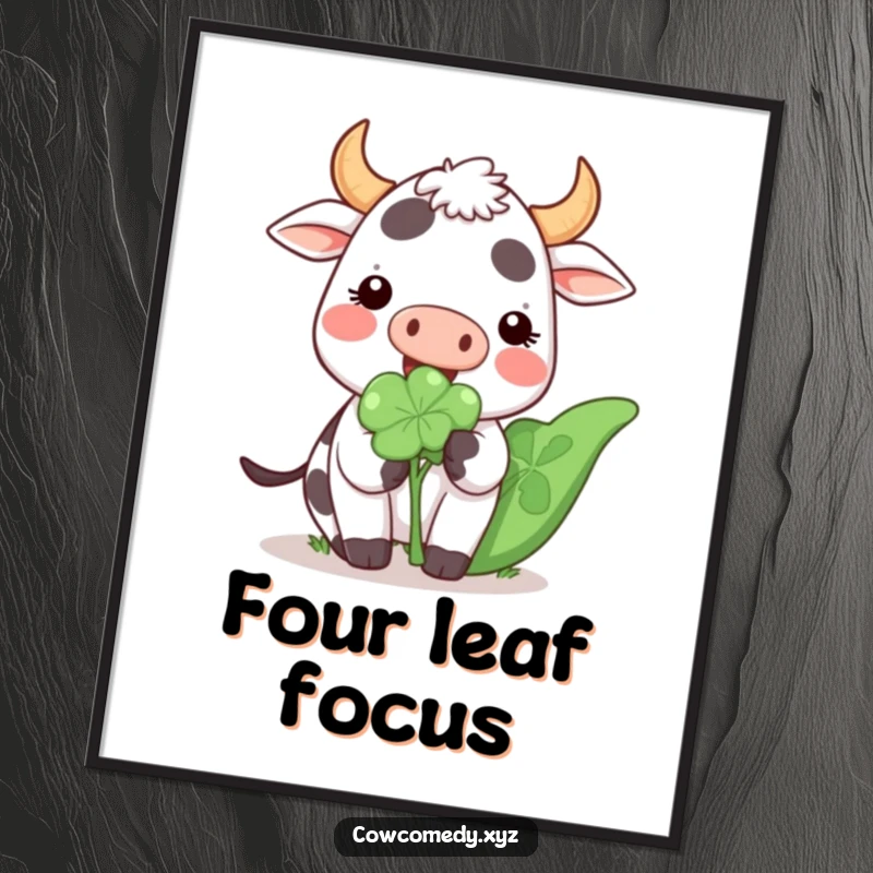 Funny Kawaii Cow Poster featuring a cute cartoon cow happily munching on a giant clover, symbolizing good fortune and joy.