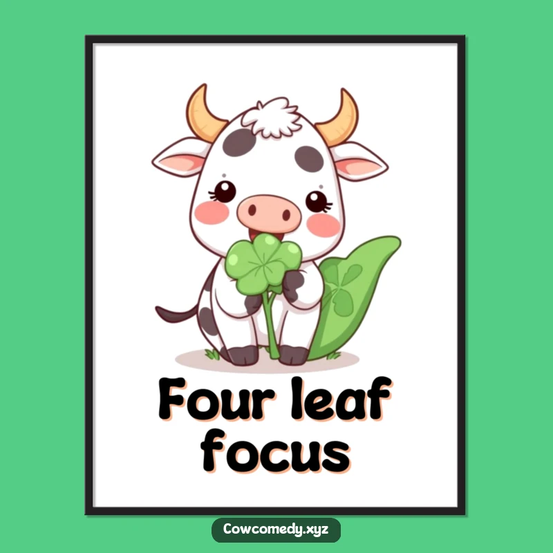 Funny Kawaii Cow Clover Poster: Lucky Art Print for Cheerful Decor