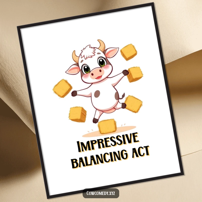 Funny poster art of a playful calf with big eyes, balancing on three legs while juggling hay bales with impressive skill.