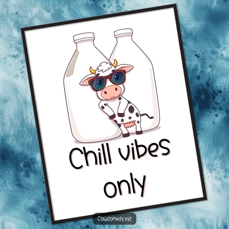 Funny poster featuring a cow in sunglasses, casually leaning on a giant milk jug, radiating a cool, relaxed, and effortlessly stylish aura.