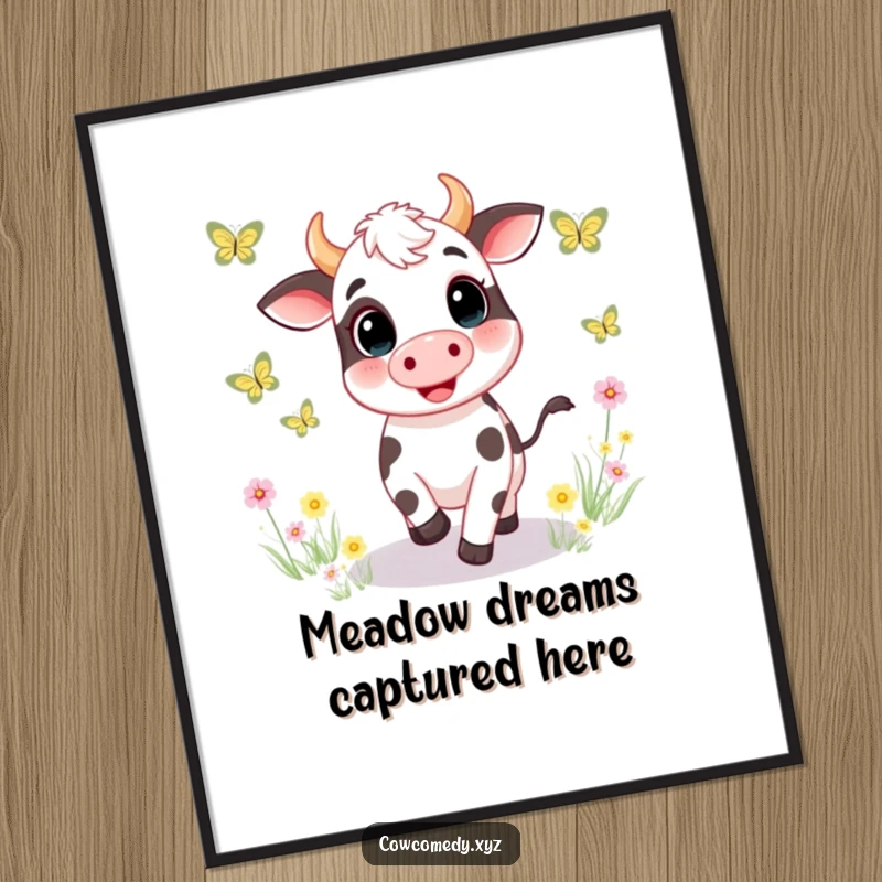 Funny poster featuring a whimsical cow artistically chasing butterflies across a serene meadow, capturing a moment of delightful, uninhibited joy.