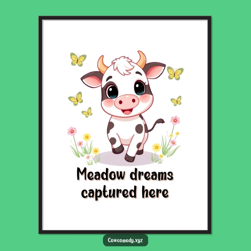 Funny Cow Chasing Butterflies Poster. Whimsical Meadow Art. Unique Funny Gift Print!