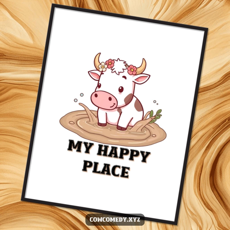 Funny poster print of a cow splashing in a mud puddle, with flowers on its horns, creating a whimsical and charming visual.