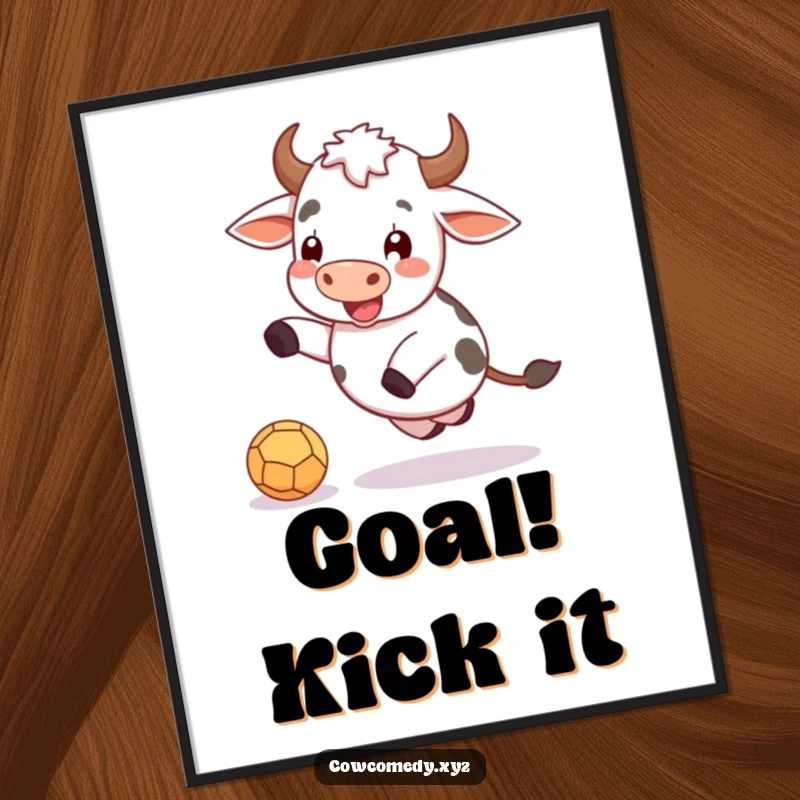 Funny poster featuring a jubilant cow kicking a small ball with great enthusiasm and joy.