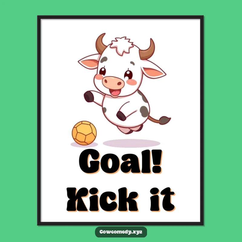 Funny Cow Kicking Ball Poster: Energetic Farm Art, Excellent Funny Gift Idea