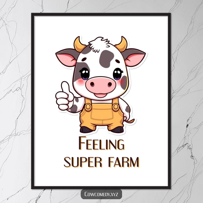 Funny poster art of a cow wearing overalls and giving a thumbs up, conveying a message of approval and hard work.