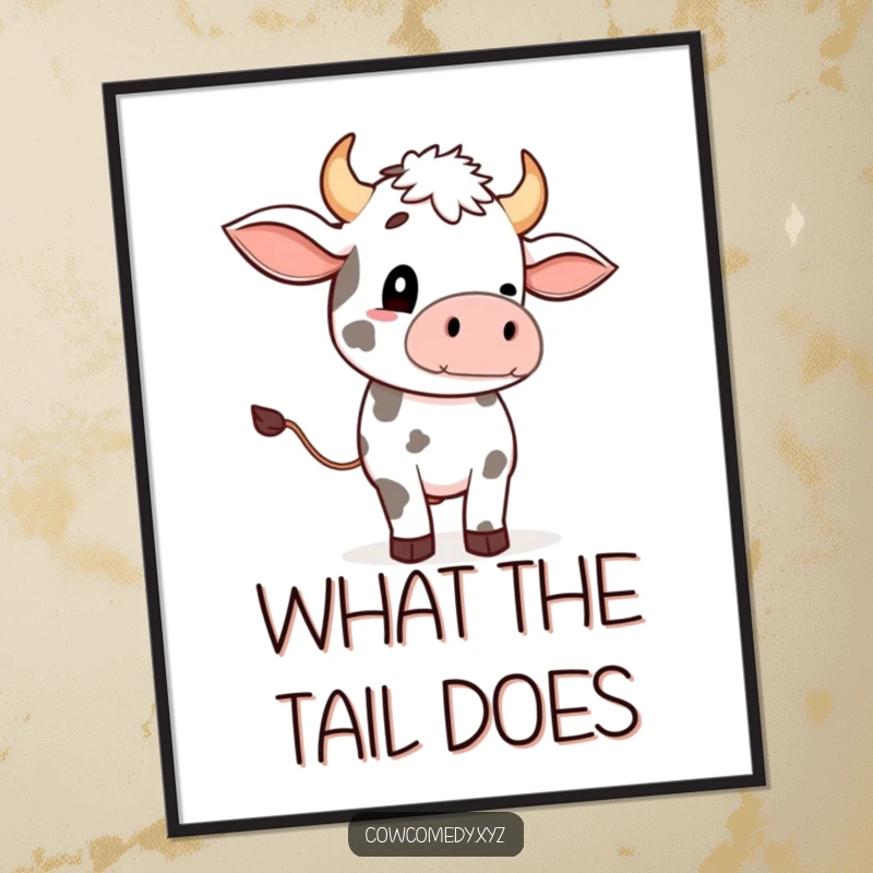 Funny poster featuring a stylized cow artfully waving its tail, adding a splash of humor to wall decor.