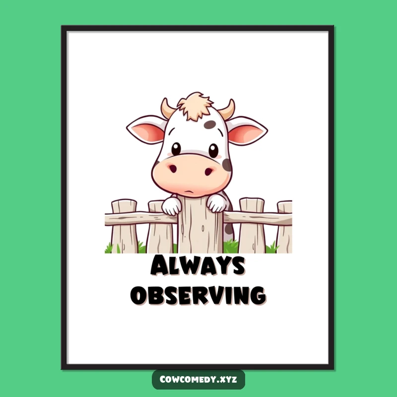 Funny Curious Cow Peeking Poster: Whimsical Farm Art for Walls