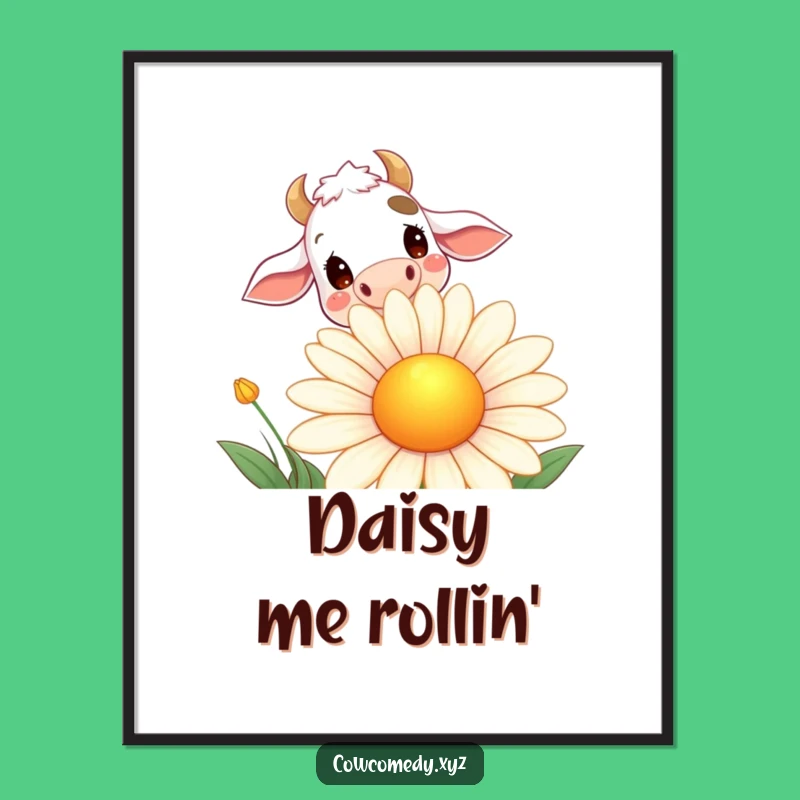 Funny Daisy Cow Poster: Curious Cow Peeking Over Smiling Flower, Whimsical Wall Art Gift