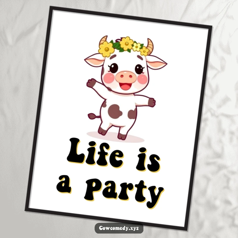 Funny poster art of a cow wearing a beautiful flower crown, joyfully dancing with outstretched limbs and a radiant smile.