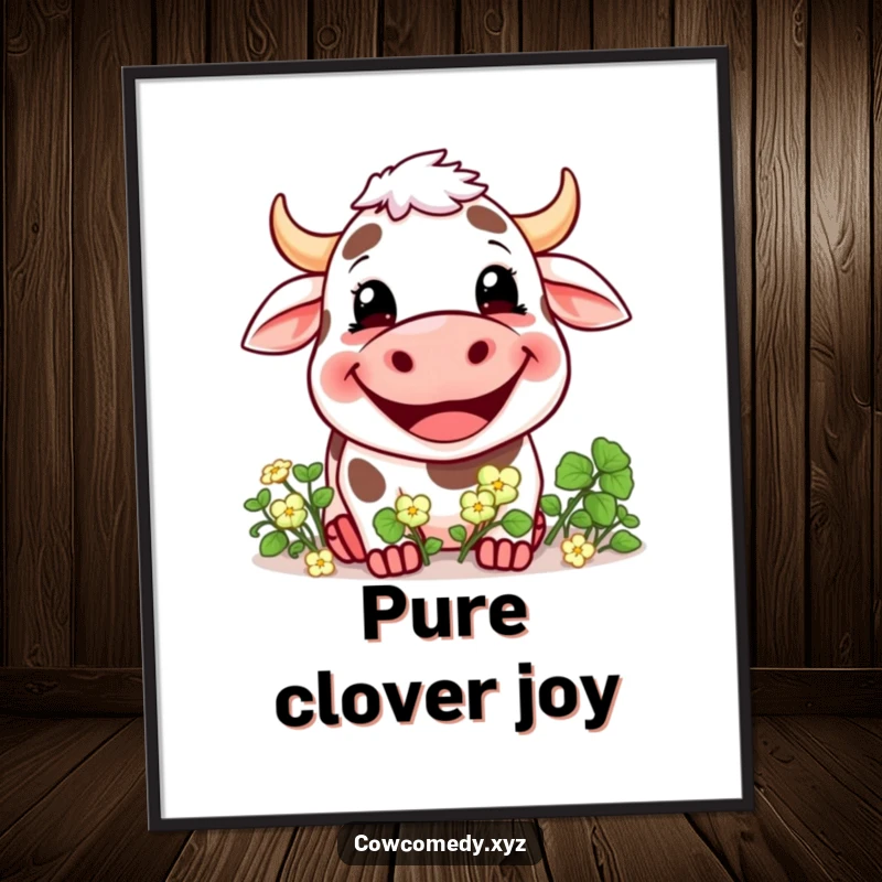 Funny poster print of a cow with a massive, joyful grin eating a pile of lush green clover, radiating happiness.