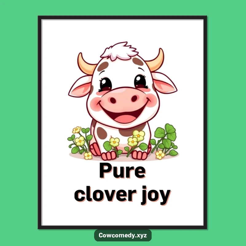 Funny Grinning Cow Clover Poster: Cheerful Farm Art Print, Ideal Funny Gift